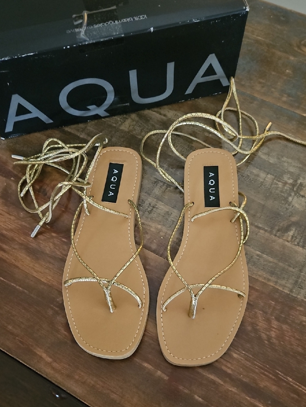 Aqua Metallic Gold Lace-Up Flat Sandals with Tan Footbed